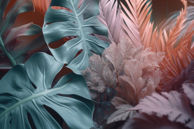 Pastel color tropical palm leaves Minimal summer jungle or forest pattern Generative AI