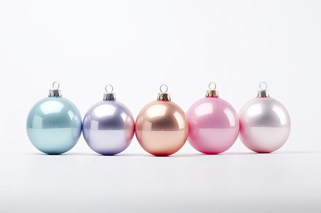 Pastel colored Christmas balls on a white background and free space for text