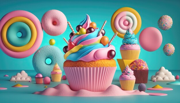 Pastel colored cupcakes donuts and candies Sweet food Generative AI