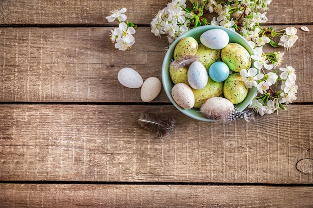 Pastel colored Easter eggs in bowl and spring blooming branches on white wooden