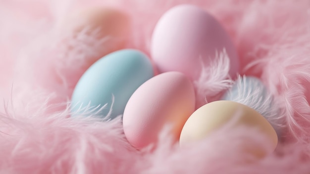 Photo pastel colored easter eggs nestled in pink feathers spring and holiday celebration concept