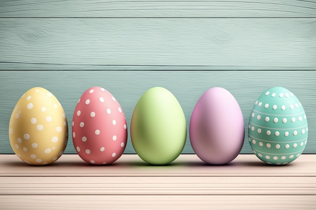 Pastel colored Easter eggs with a white wood background