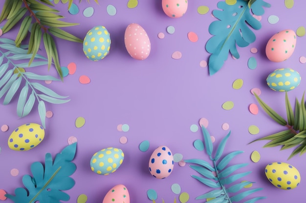 Pastel Colored Eggs and Palm Leaves on Purple Background