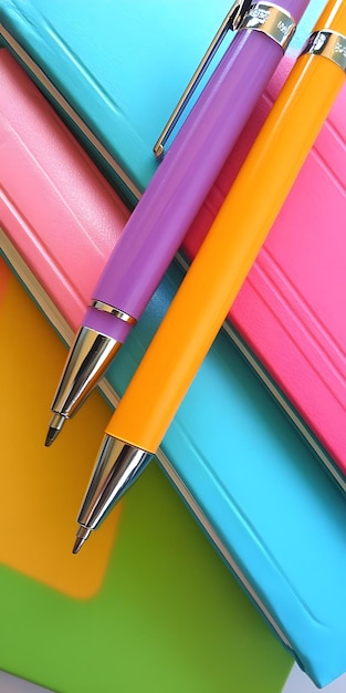 Pastel colored notebooks and pens on desk