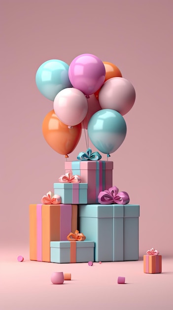 Pastel colored paper present boxes with colorful ribbons and inflatable balloons