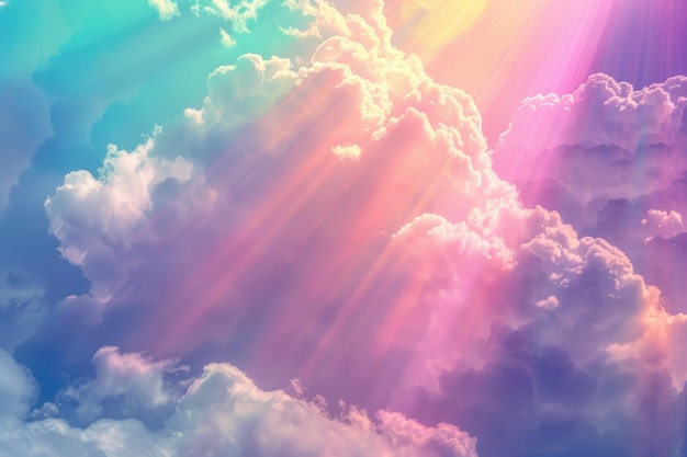 Pastel colored sun and cloud background with rainbow clouds