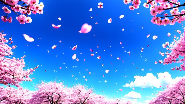 in pastel colors sakura petals flying against the sky