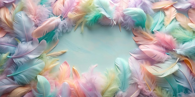 Pastel coloured feathers arranged abstractly in the shape of a fisheye lens creating a captivating and serene background design background decorative fisheye nature ethereal