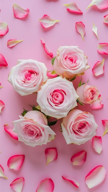 Pastel delicate background with pink roses and petals Top view