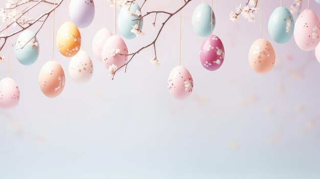 Pastel Easter Egg Decorations Hanging from Delicate Tree Branches on a Pastel Background