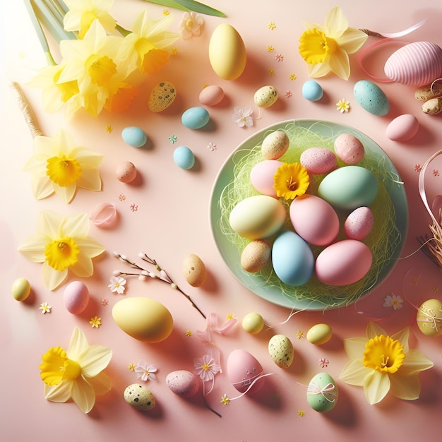 Pastel Easter eggs in a basket with spring flowers Easter eggs in pastel colors in wicker basket