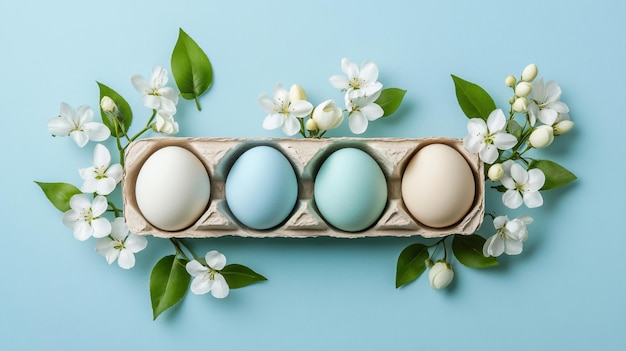 Pastel Easter Eggs and White Flowers in Carton