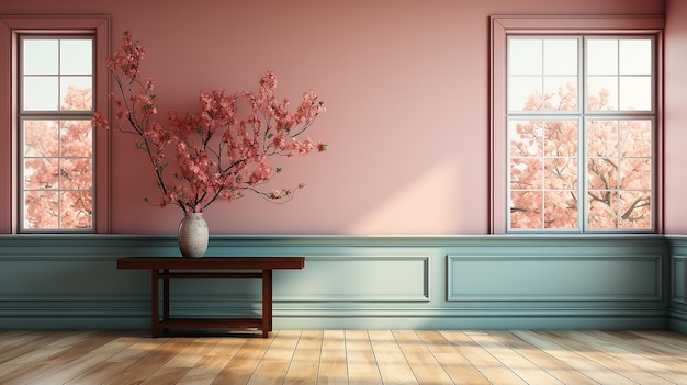 Pastel Empty Wall and Wooden Floor with Unique Window