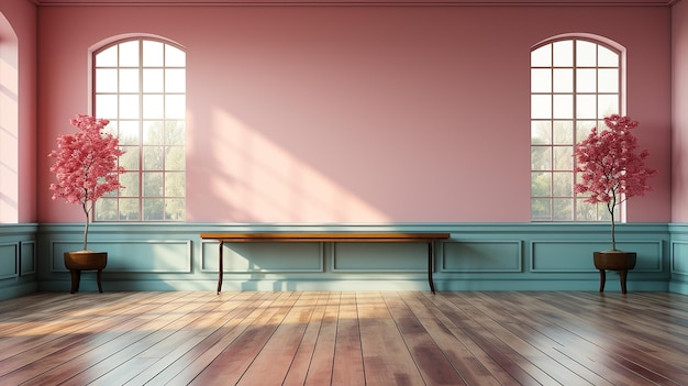 Pastel Empty Wall and Wooden Floor with Unique Window