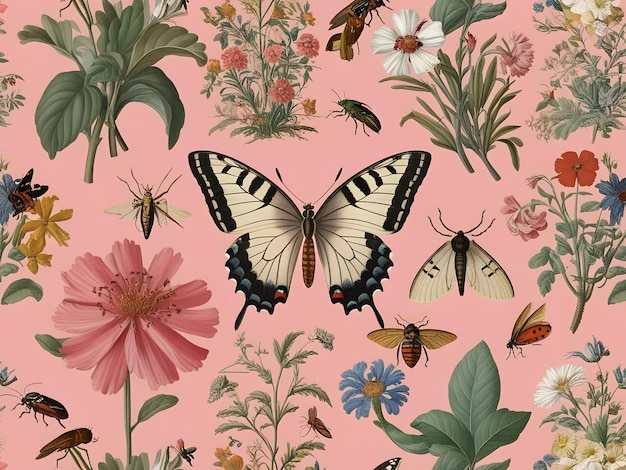 Pastel Flora and Fauna Delicate Watercolor Blooms with Insects on a Pink Canvas