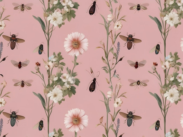 Pastel Flora and Fauna Delicate Watercolor Blooms with Insects on a Pink Canvas