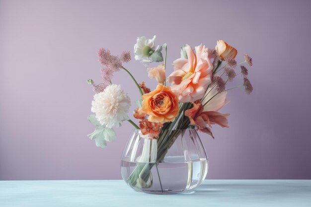 Pastel floral arrangement in modern glass vase on pastel background created with generative ai