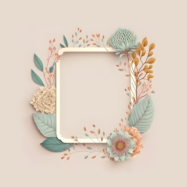 Pastel Floral Frame on Beige Background with Copy Space