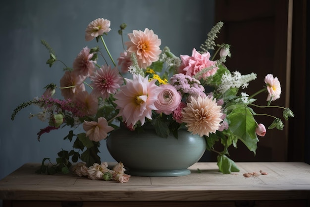 Pastel flower arrangement in rustic wooden vase created with generative ai