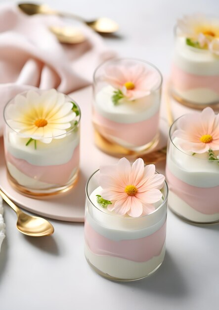 Photo pastel flower mousse in glass jars with edible petals