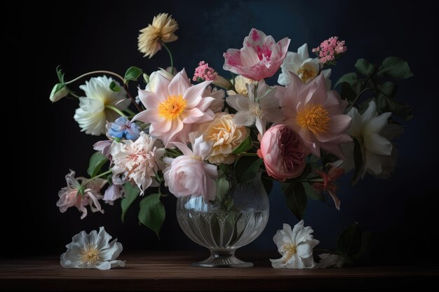 Pastel flowers in a crystal vase on dark background created with generative ai