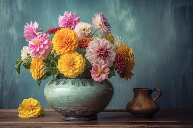 Pastel flowers in watercolor vase on wooden table created with generative ai