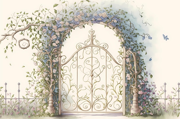 A pastel garden gate flower background digital art illustration