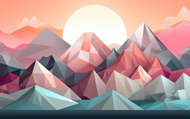 Pastel Geometric Mountain and Beach Landscape with Sun