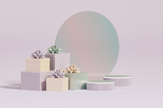 Pastel gift boxes with green ribbon, light balloons, glass arch, round realistic stage 3d render