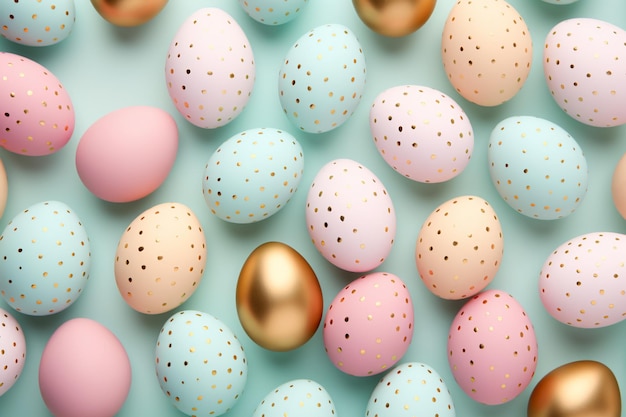 Photo pastel and gold easter eggs pattern flat lay