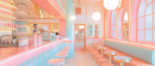 Pastel ice cream parlor where candy hues in decor and treats evoke sweetness and joy in a comforting