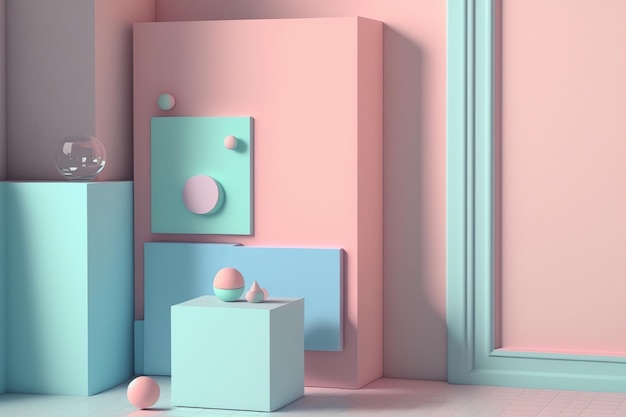 Pastel interior pink blue color block 3D design