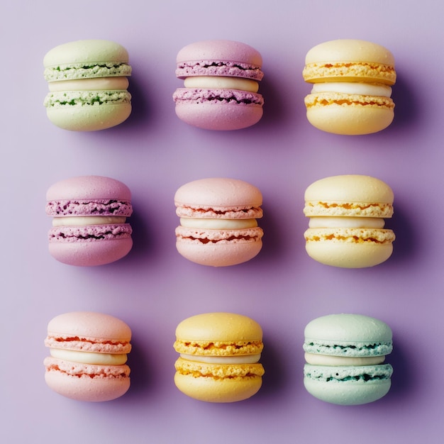 Photo pastel macarons on lavender background a delicious overhead view