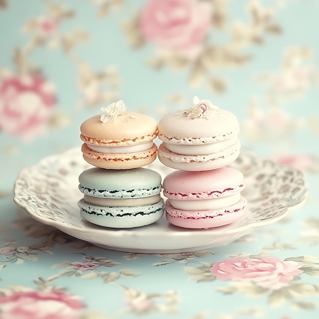 Photo pastel macarons with floral decorations on a floral tablecloth