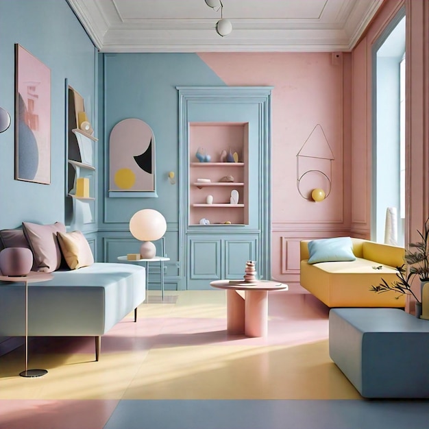 Pastel Minimalist Living Room Sofa Tables and Bookshelf in Tranquil Tones