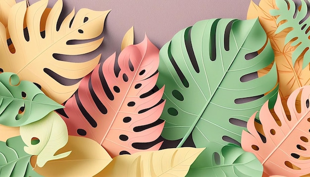 Pastel monstera leaf border in paper craft style Generative AI