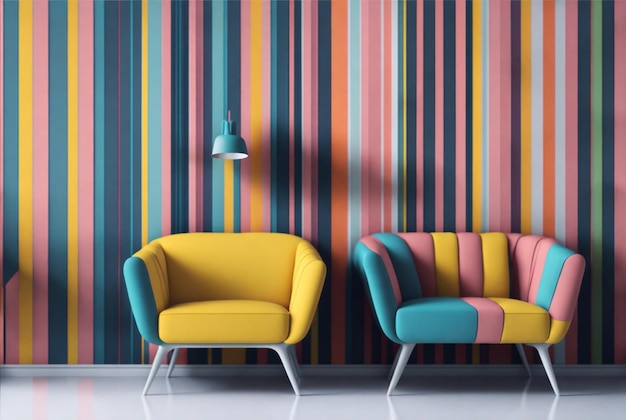 Pastel multi colour vibrant groovy retro striped background and bright armchair decor