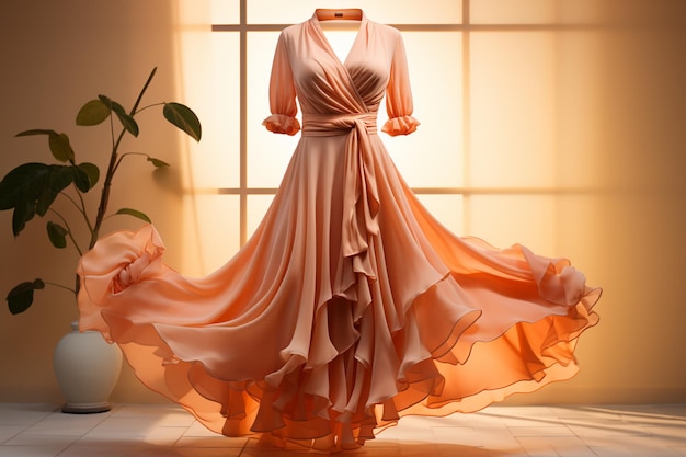 The pastel orange dress on a display showcasing its soft and delicate hue for a charming