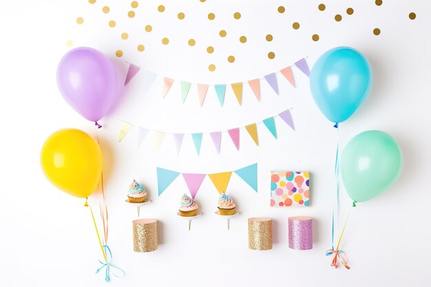 Photo a pastel party celebration with balloons cupcakes and confetti on a clear png or white background