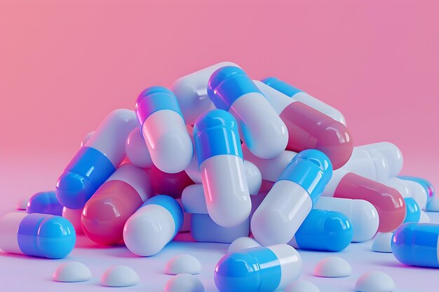 Pastel Pills in Perspective A 3D Rendering of Medical Capsules in Striking Blue and Pink Hues