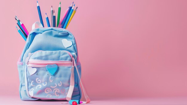 Pastel pink backdrop showcases school backpack with light blue pink white colored pencils