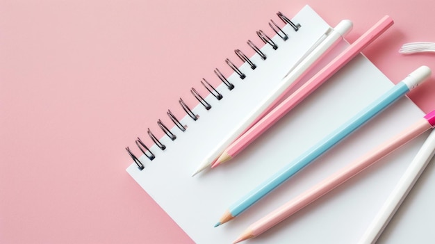 Pastel pink background hosts open white notebook and light blue pink white colored pencils