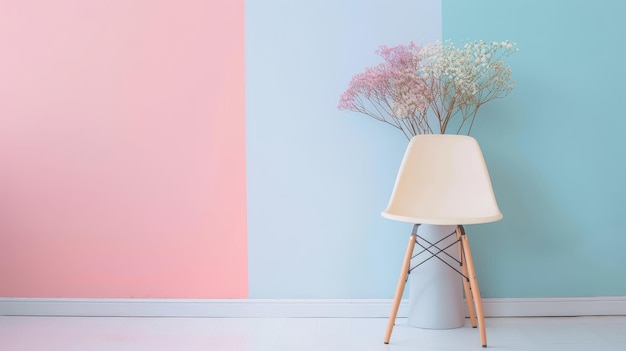 Photo pastel pink blue interior design with chair and flowers