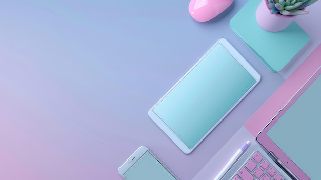 Pastel Pink and Blue Minimalist Workspace with Tablet and Phone Mockup A flat lay of a modern