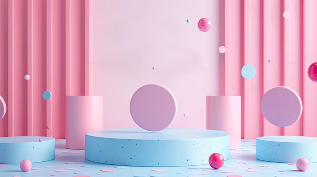 Pastel Pink And Blue Podium Display With Geometric Shapes For Product Presentation