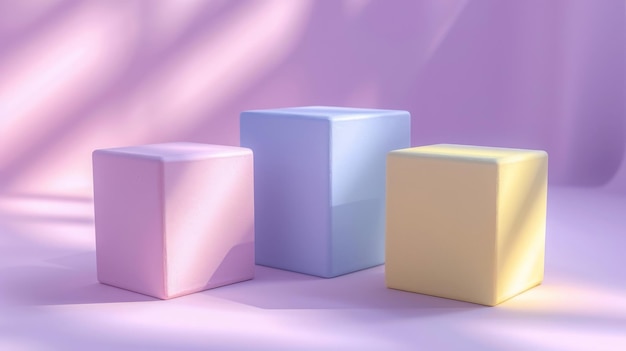 Pastel pink blue and yellow cube podiums on a light purple background with leaf shadows