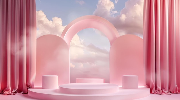 Pastel pink circle podium with cloud and sky product platform 3D render abstract stand studio