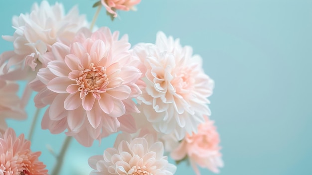 Pastel Pink Dahlias in Soft Focus on Blue Closeup of delicate pink dahlia flowers with a soft focus against a calming blue background evoking a serene and romantic mood