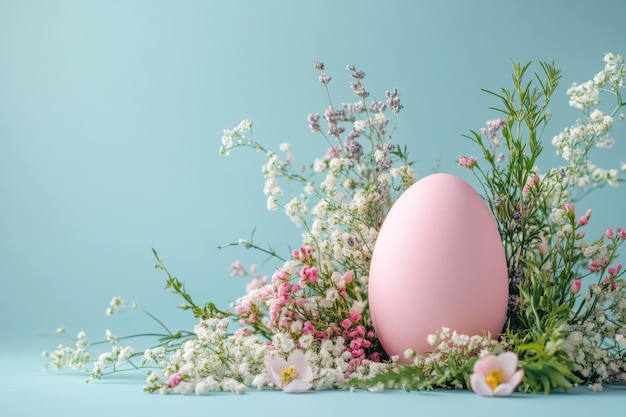 A pastel pink Easter egg nestled among delicate flowers on a soft pastel blue background celebrating the beauty of spring and festive traditions