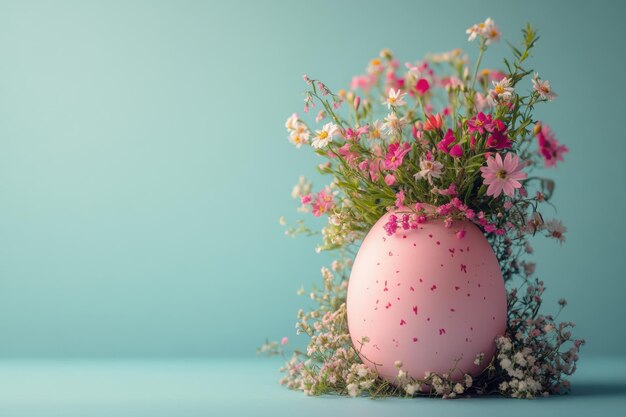 A pastel pink Easter egg nestled among delicate flowers on a soft pastel blue background celebrating the beauty of spring and festive traditions